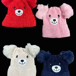 Assorted Color Kids Bear Beanie With Double Pom Pom