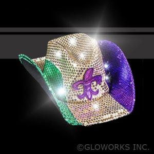 Sequin LED Cowboy Hat Mardi Gras Colors With Fleur De Lis