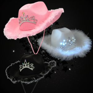 Assorted Pink, White And Black Furry Light Up Cowgirl Hat
